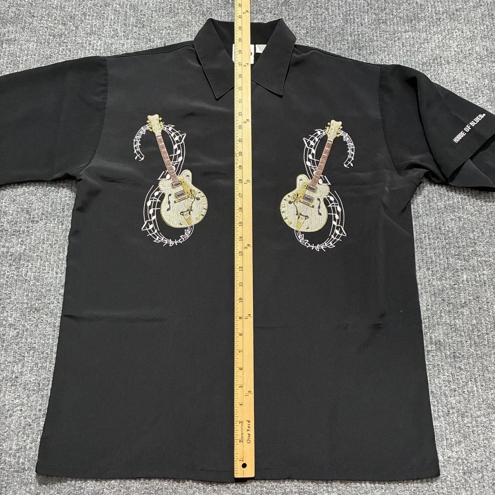 House of Blues Shirt Mens Medium Black Camp Bowling‎ Embroidered Guitars Rock - Picture 4 of 11